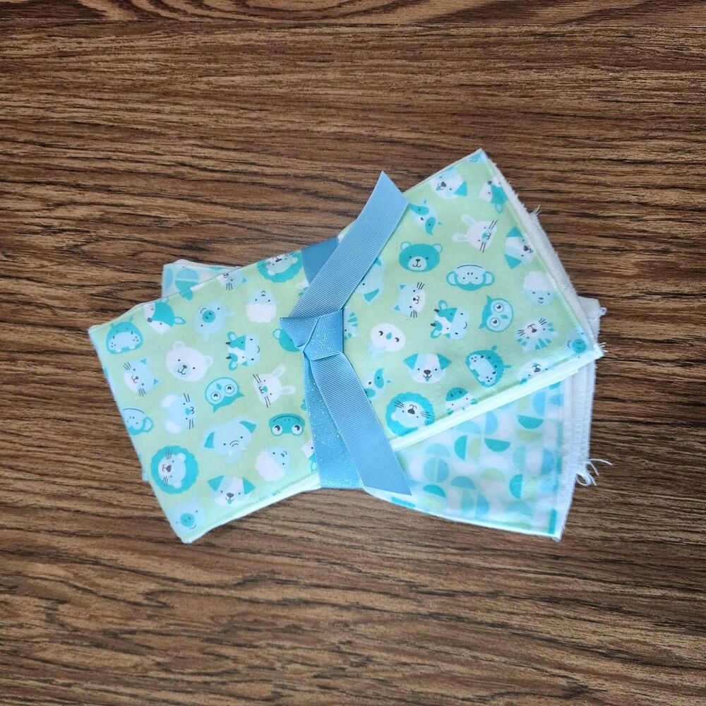 Homemade Baby Burp Rags 2 pack Blue Green cloth Animals